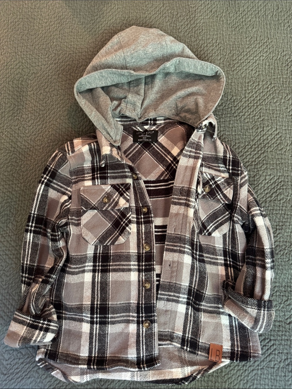 Little Bipsy Gray and Black Plaid Hooded Button-Down Shirt